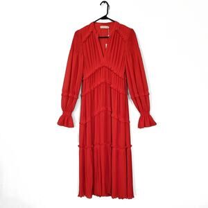 Tory Burch Stella Pleated Ruffle Chiffon Maxi Dress in Red Size 0 New With Tag